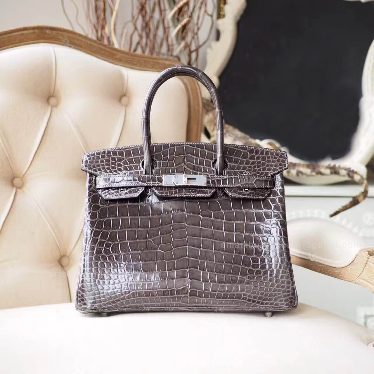 Hermes Birkin 30 Bag in ck88 Graphite Shiny Porosus Croc PHW